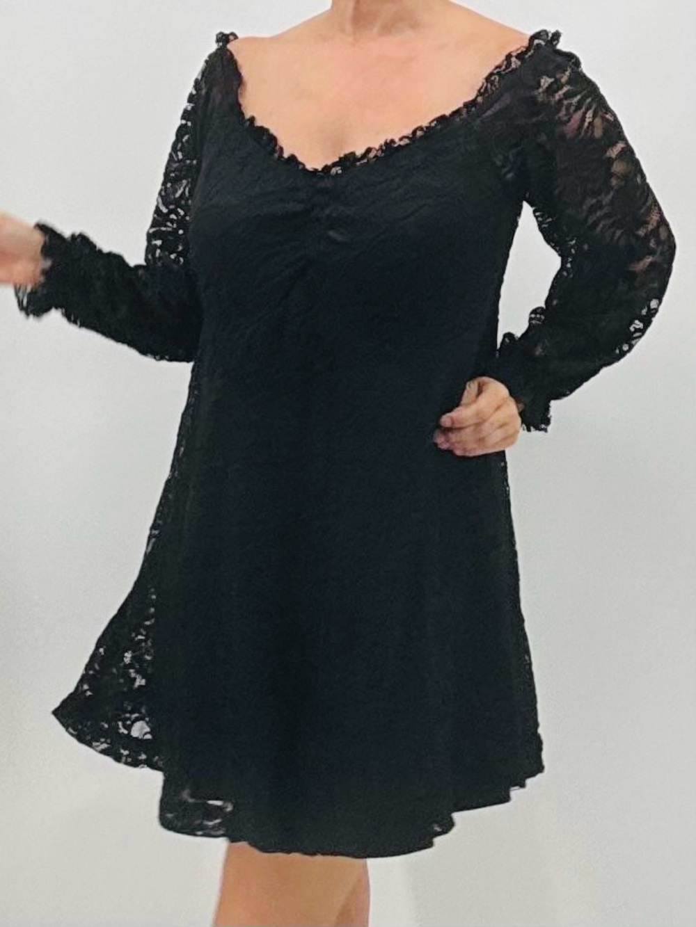 Curvy Sense Whimsigoth Fairycore Boho Witchy Lace Long Sleeve Babydoll Dress